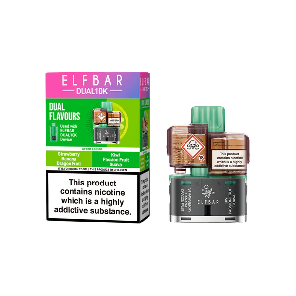 Elfbar Dual 10K Replacement Pod In Strawberry Banana Dragon Fruit And Kiwi Passion Fruit Guava