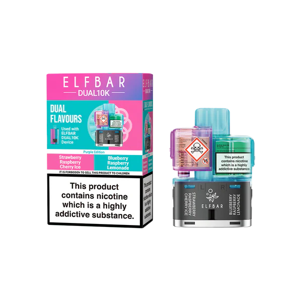 Elfbar Dual 10K Replacement Pod In Strawberry Raspberry Cherry Ice And Blueberry Raspberry Lemonade