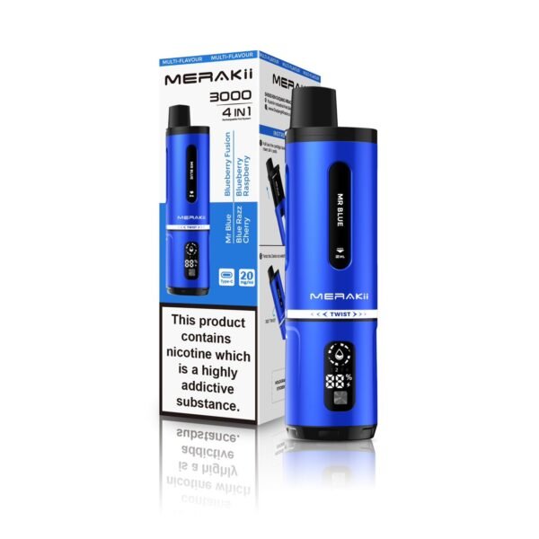Merakii 3000 Puffs Disposable Vape 4 In 1 Pod System Kit Box Of 5 Blue Edition 4 In 1 Vapeukwholesale 139499
